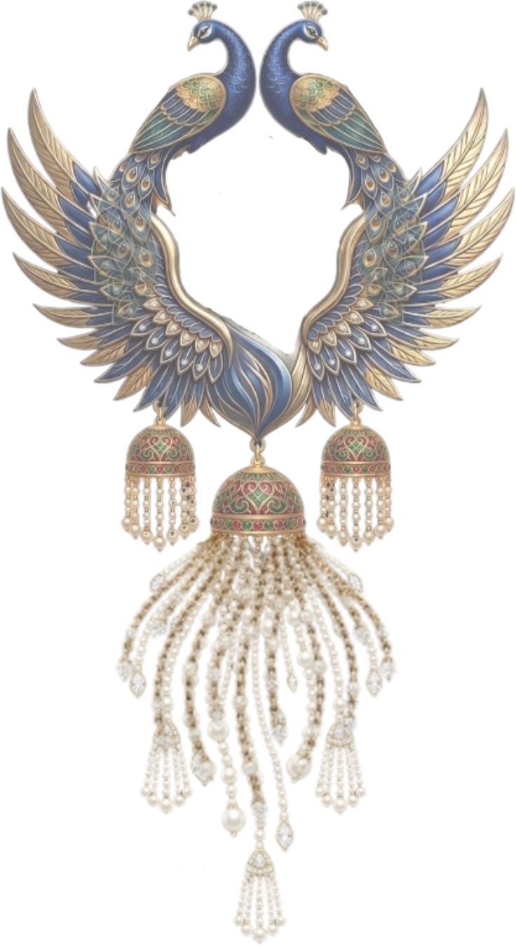 Rajwadi Kangan signature peacock jewellery crest with hand-set gemstones and hanging pearls
